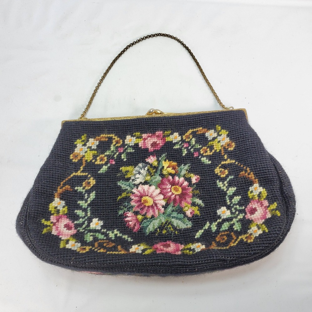 Ed Robinson Needlepoint Handbag Women Black Floral Vintage Kiss Lock Clutch